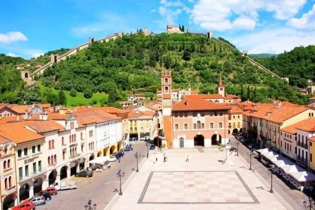 Marostica panoramic view, along the foothills of the prealpe mountains, we found this important medieval town famous for the chess game with alive people