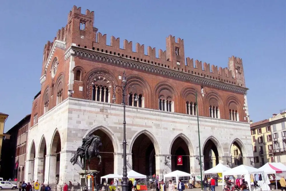 Piacenza historic center with two bronze equestrian statues Emilia Romagna , Italy