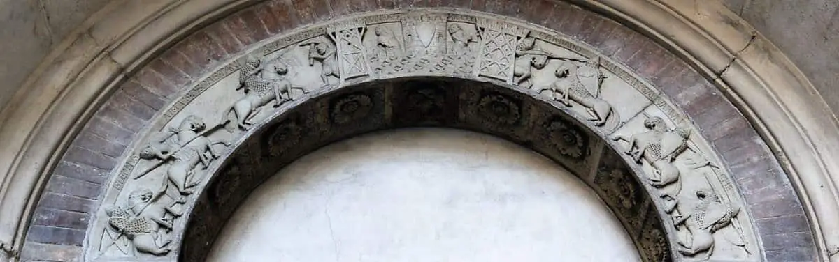 Porta della Pescheria Arthurian scene cathedral of Modena medieval town, unesco world heritage
