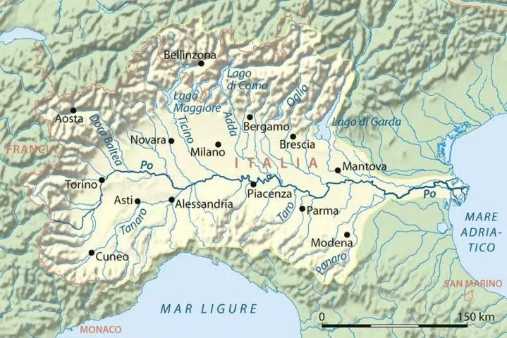 Po River map from the Alps to the Adriatic sea in the North of Italy