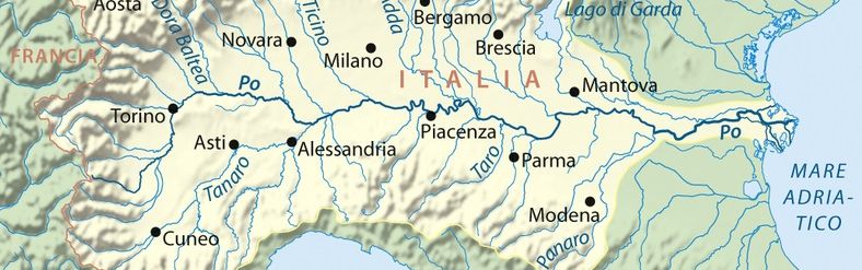 Fleuve Pô, au Nord de l'Italie, région d'Émilie-Romagne, des Alpes italiennes qui bordent la France à la mer Adriatique, de l'Ouest à l'Est