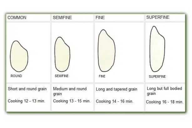 Categories of rice, common, semifine, fine and superfine in Italy