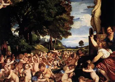 L'Offrande à Vénus, Musée del Prado, huile sur toile de l'artiste italien Titien. Son premier travail du cycle des bacchanales