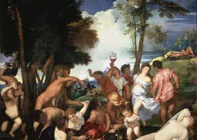 The Bacchanal of the Andrians, an oil painting by Titian held at the Museo del Prado in Madrid. it was commissioned by Alfonso I d'Este
