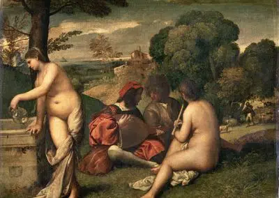 The Pastoral Concert, oil painting attributed to one of the masters of the Italian Renaissance, Titian and Giorgione. It is located at the Louvre Museum in Paris