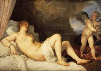 Danaé, Musée national de Capodimonte. Titien et son atelier ont produit au moins six versions de ce sujet, qui varient selon les étapes.