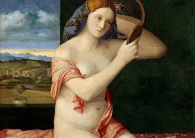 Naked Young Woman in Front of a Mirror, Kunsthistorisches Museum, Vienna. Painting by the Venetian artist of the renaissance Giovanni Bellini