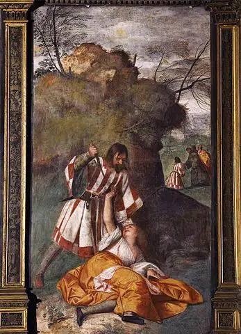 Le miracle du mari jaloux, du peintre vénitien de la Renaissance Titien, à la scuola del Santo, basilique de saint-Antoine, Padoue