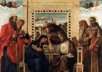 coronation of the virgin, pesaro altarpiece, painting by the venetian painter giovanni bellini located at pesaro city museums