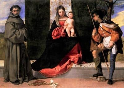 La Vierge à l'Enfant entre Saint Antoine de Padoue et Saint Roch, attribuée à Giorgione se trouve au Museo del Prado, sala de la reina Isabelle II