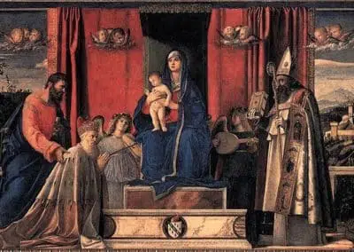 Barbarigo Altarpiece or Enthroned Madonna and Child with Angel Musicians and Saint Mark, Saint Augustine and Doge Agostino Barbarigo. painting by Giovanni Bellini