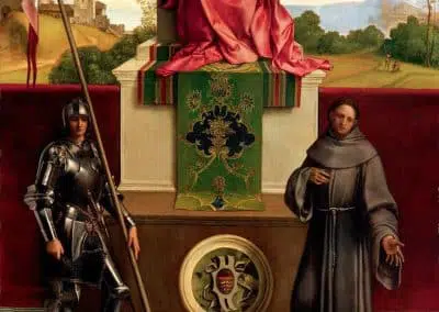 Girogione la Vierge et l'Enfant entre Saint François et Saint Nicaise, retable de la Renaissance italienne exécuté vers 1504. Il se trouve dans la cathédrale de Castelfranco Veneto, la ville natale de Giorgione, en Vénétie, au nord de l'Italie.