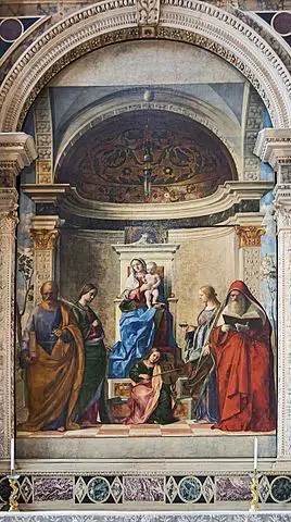 Retable de San Zaccaria, du peintre de la Renaissance italienne Giovanni Bellini, situé dans l'église de San Zaccaria, à Venise. Il a été commandé à la mémoire du politicien et diplomate vénitien Pietro Cappello