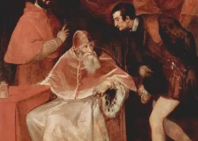 Pope Paul III and His Grandsons Ottavio and Alessandro, Titian, museo di Capodimonte Naples. oil on canvas