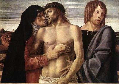 Pietà ou le Christ mort soutenu par la Vierge Marie et saint Jean l'Evangéliste, peinture de Giovanni Bellini, à la Pinacothèque de Brera à Milan
