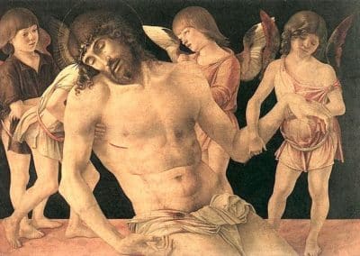 Christ mort soutenu par les anges, ou Pietà, peintre Giovanni Bellini de la Renaissance Italienne, aujourd'hui dans le musée de la ville de Rimini