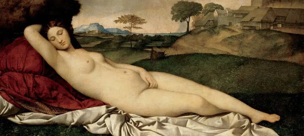 Giorgione high renaissance Italian artist, sleeping Venus, single nude woman, Gemäldegalerie Alte Meister, Dresden.