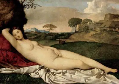 Vénus endormie, Giorgione, Gemäldegalerie, Dresde. Peintre de la Renaissance italienne, né à Castelfranco Veneto, en Vénétie, il fut l'élève de Giovanni Bellini. L'une des dernières œuvres de Giorgione, il représente une femme nue dont le profil semble faire écho aux contours ondoyants des collines à l'arrière-plan.