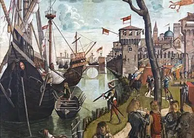 The Arrival of the Pilgrims in Cologne by Vittore Carpaccio. Tempera on canvas located at the Gallerie dell'Accademia in Venice, Veneto region, Italy