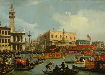 Bucentaur's return to the pier by the Palazzo Ducale, Pushkin Museum of Fine Arts, oil on canvas, by the city views painter Canaletto, Venetian artist of the eightheenth century