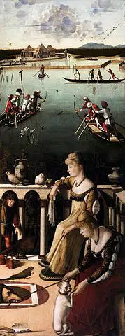 Chasse au canard sur la lagune et Deux Dames vénitiennes (reconstruction), J. Paul Getty Museum et musée Correr de Venise, tableau de l'artiste vénitien de la Renaissance Vittore Carpaccio