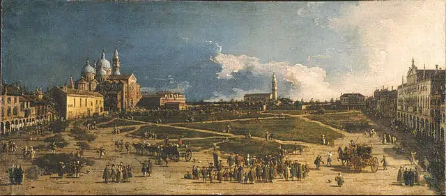Prà della Valle Padoue, Musée Poldi Pezzoli, Milan, peinture de Canaletto, artiste vénitien du védutisme ou peintre de paysages urbains, XVIIIe siècle