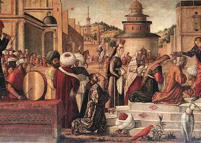 Saint Georges baptisant les Silénites, Scuola di San Giorgio degli Schiavoni, peinture de Vittore Carpaccio. Artiste vénitien de la Renaissance
