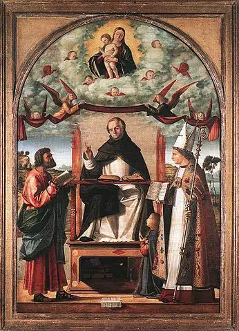 Saint Thomas en gloire entre saint Marc et saint Louis de Toulouse, par Vittore Carpaccio, tempera sur toile situé au musée Staatsgalerie de Stuttgart