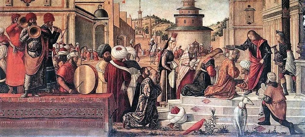 Saint Georges baptisant les Silénites, Scuola di San Giorgio degli Schiavoni, Venise, par Vittore Carpaccio. Une des séries de sept peintures "Episodes de la vie de saints Jérôme, George et Triphun"