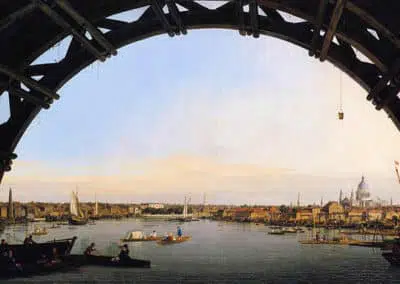 Vue de la Tamise et de la City à travers une arche de Westminster Bridge, collection privée, du peintre Giovanni Antonio Canal dit Canaletto, artiste vénitien, peintre de paysages urbains ou de védutisme