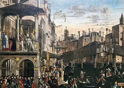 Miracle of the Relic of the Cross at the Ponte di Rialto by Vittore Carpaccio. Painting canvas housed in the Gallerie dell'Accademia in Venice.