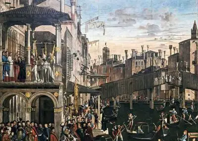 Miracle de la relique de la Croix au pont du Rialto par Vittore Carpaccio. Tempera sur toile, collection Gallerie dell'Accademia de Venise.