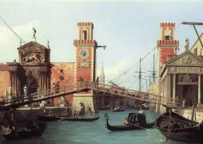 Vue de l'entrée de l'arsenal, collection privée, huile sur toile de Giovanni Antonio Canal connu sous le nom de Canaletto, artiste vénitien du védutisme, Italie