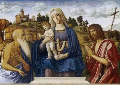 Vierge à l'Enfant avec saint Jérôme et saint Jean-Baptiste, 1495, Cima da Conegliano, huile sur toile, 105 cm × 146 cm, National Gallery of Art, Washington