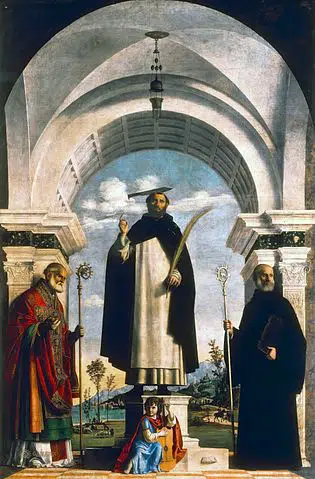 Saint Pierre Martyr avec Saint Nicolas et Saint Benoît, 1505, Cima da Conegliano, huile sur bois, 330 x 216 cm, Pinacothèque de Brera, Milan