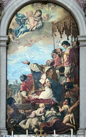 Pope Gregory I who invokes the Virgin for the end of the plague in Rome, 1700, Padua, Abbey of Santa Giustina