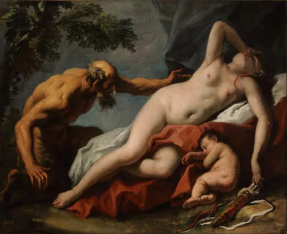 Vénus et l'Amour découvert par un satyre, 1716-1720, Budapest, musée des Beaux-Arts. Peintre Sebastiano Ricci, artiste vénitien du VXII et XVIII siècle, peintre du Baroque italien